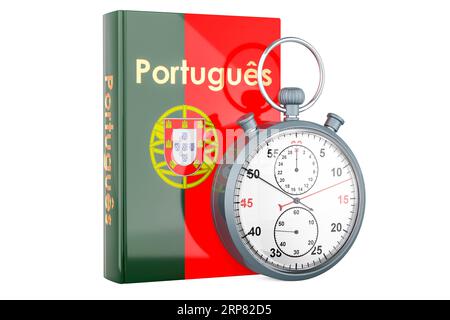 Portugiesisches Lehrbuch mit Stoppuhr. Beschleunigte Kurse in portugiesischer Sprache, 3D-Rendering isoliert auf weißem Hintergrund Stockfoto
