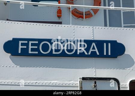 Typenschild, Detail, Ausflugsschiff Feodora II, Langballigau, Langballig, Schleswig-Holstein, Deutschland Stockfoto