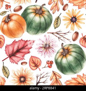 Aquarell Herbstmuster mit Kürbissen, Blumen, verwelkten Blättern auf weißem Hintergrund. Nahtloses Muster für Urlaub und Festival i Stockfoto