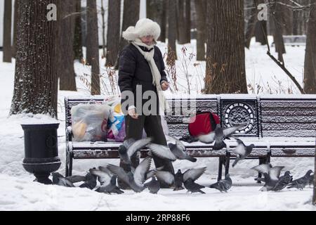 (190221) -- MOSKAU, 21. Februar 2019 -- Eine Frau ernährt Tauben in einem Park in Moskau, Russland, am 21. Februar 2019. ) RUSSLAND-MOSKAU-SCHNEE AlexanderxZemlianichenkoxJr PUBLICATIONxNOTxINxCHN Stockfoto