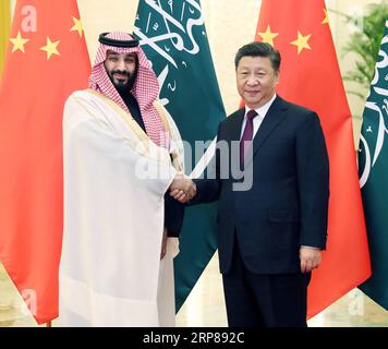 News Bilder des Tages (190222) -- PEKING, 22. Februar 2019 -- der chinesische Präsident Xi Jinping (R) trifft sich mit Mohammed bin Salman Al Saud, Saudi-Arabiens Kronprinz, in der Großen Halle des Volkes in Peking, der Hauptstadt Chinas, am 22. Februar 2019. ) CHINA-PEKING-XI JINPING-SAUDI-ARABIEN-MOHAMMED-MEETING (CN) LIUXWEIBING PUBLICATIONXNOTXINXCHN Stockfoto