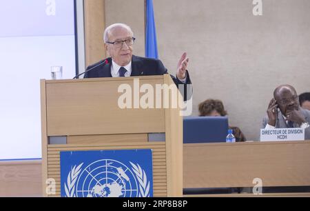 (190225) -- GENF, 25. Februar 2019 -- der tunesische Präsident Beji Caid Essebsi hält eine Rede zur Eröffnung der 40. Ordentlichen Tagung des UN-Menschenrechtsrates (UNHRC) in Genf, Schweiz, 25. Februar 2019. Der UNHRC eröffnete am Montag seine 40. Ordentliche Tagung. Die Delegierten sollen in den kommenden Wochen Erklärungen von etwa 100 hochrangigen Würdenträgern hören. ) SCHWEIZ-GENF-UNHRC-SITZUNG-ERÖFFNUNG XuxJinquan PUBLICATIONxNOTxINxCHN Stockfoto