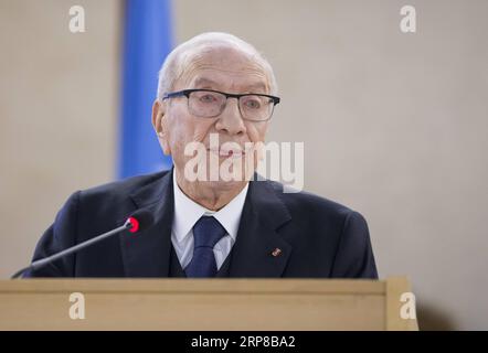 (190225) -- GENF, 25. Februar 2019 -- der tunesische Präsident Beji Caid Essebsi hält eine Rede zur Eröffnung der 40. Ordentlichen Tagung des UN-Menschenrechtsrates (UNHRC) in Genf, Schweiz, 25. Februar 2019. Der UNHRC eröffnete am Montag seine 40. Ordentliche Tagung. Die Delegierten sollen in den kommenden Wochen Erklärungen von etwa 100 hochrangigen Würdenträgern hören. ) SCHWEIZ-GENF-UNHRC-SITZUNG-ERÖFFNUNG XuxJinquan PUBLICATIONxNOTxINxCHN Stockfoto