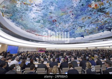 (190225) -- GENF, 25. Februar 2019 -- UN-Generalsekretär Antonio Guterres hält eine Rede zur Eröffnung der 40. Ordentlichen Tagung des UN-Menschenrechtsrates (UNHRC) in Genf, Schweiz, 25. Februar 2019. Der UNHRC eröffnete am Montag seine 40. Ordentliche Tagung. Die Delegierten sollen in den kommenden Wochen Erklärungen von etwa 100 hochrangigen Würdenträgern hören. ) SCHWEIZ-GENF-UNHRC-SITZUNG-ERÖFFNUNG XuxJinquan PUBLICATIONxNOTxINxCHN Stockfoto