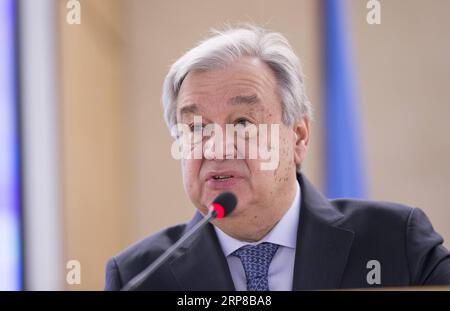 (190225) -- GENF, 25. Februar 2019 -- UN-Generalsekretär Antonio Guterres hält eine Rede zur Eröffnung der 40. Ordentlichen Tagung des UN-Menschenrechtsrates (UNHRC) in Genf, Schweiz, 25. Februar 2019. Der UNHRC eröffnete am Montag seine 40. Ordentliche Tagung. Die Delegierten sollen in den kommenden Wochen Erklärungen von etwa 100 hochrangigen Würdenträgern hören. ) SCHWEIZ-GENF-UNHRC-SITZUNG-ERÖFFNUNG XuxJinquan PUBLICATIONxNOTxINxCHN Stockfoto