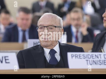 (190225) -- GENF, 25. Februar 2019 -- der tunesische Präsident Beji Caid Essebsi nimmt an der Eröffnung der 40. Ordentlichen Tagung des UN-Menschenrechtsrates (UNHRC) in Genf, Schweiz, 25. Februar 2019 Teil. Der UNHRC eröffnete am Montag seine 40. Ordentliche Tagung. Die Delegierten sollen in den kommenden Wochen Erklärungen von etwa 100 hochrangigen Würdenträgern hören. ) SCHWEIZ-GENF-UNHRC-SITZUNG-ERÖFFNUNG XuxJinquan PUBLICATIONxNOTxINxCHN Stockfoto