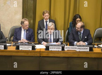 (190225) -- GENF, 25. Februar 2019 -- Generalsekretär der Vereinten Nationen Antonio Guterres (C, Front) spricht bei der Eröffnung der Abrüstungskonferenz der Vereinten Nationen in Genf, Schweiz, am 25. Februar 2019. Der fortgesetzte Einsatz von Chemiewaffen ohne Straflosigkeit treibt die Verbreitung neuer Waffen voran, und es bedarf einer neuen Vision der Rüstungskontrolle, warnte Antonio Guterres hier am Montag. ) SCHWEIZ-GENF-UN-ABRÜSTUNGSKONFERENZ-GUTERRES XUXJINQUAN PUBLICATIONXNOTXINXCHN Stockfoto