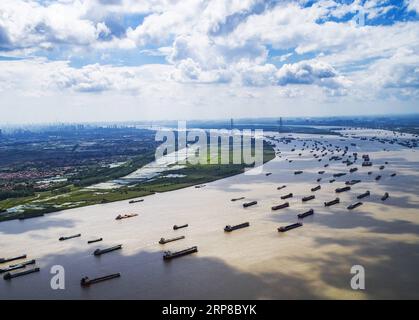 (190226) -- PEKING, 26. Februar 2019 -- Luftaufnahme am 13. August 2018 zeigt Schiffe, die auf dem Yangtze-Fluss in der Nähe des Yangluo-Hafens in Wuhan, der Hauptstadt der zentralchinesischen Provinz Hubei, segeln. Die China Development Bank (CDB), die größte Entwicklungsfinanzierungsinstitution der Welt, hat Billionen Yuan an Darlehen zur Unterstützung der Entwicklung des Wirtschaftsgürtels des Jangtse-Flusses bereitgestellt. Im Dezember 2018 beliefen sich die ausstehenden Kredite an 11 Provinzregionen entlang des Gürtels auf 3,85 Billionen Yuan (etwa 575 Milliarden US-Dollar), so die CDB. Neue Kredite in Yuan an an diese Regionen erreichten 304,5 Milliarden Yuan Stockfoto