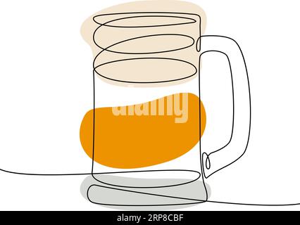 Umriss einer Biertasse mit einer durchgehenden Linie im minimalistischen Stil. Aufkleber. Symbol. Isolieren. Vektorabbildung für Poster, Banner, Broschüren, Gruß- oder Einladungskarten, Menüleiste, Logo Stock Vektor
