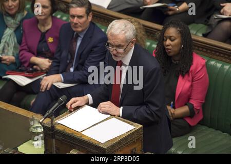 (190228) -- LONDON, 28. Februar 2019 (Xinhua) -- der Vorsitzende der britischen Labour Party Jeremy Corbyn nimmt am 27. Februar 2019 an den Fragen des Premierministers im britischen Unterhaus Teil. Theresa May versprach am Dienstag, dass die parlamentsabgeordneten die Wahl haben würden, über einen Brexit ohne Deal oder einen verspäteten Austritt aus der Europäischen Union (EU) abzustimmen, wenn ihr Deal Mitte März in einer sinnvollen Abstimmung abgelehnt wird. (Xinhua/British Parliament/Mark Duffy) GROSSBRITANNIEN-LONDON-THERESA MAY-BREXIT PUBLICATIONxNOTxINxCHN Stockfoto