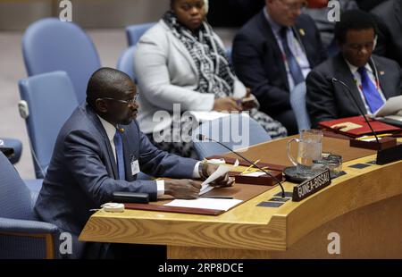 (190228) -- VEREINTEN NATIONEN, 28. Februar 2019 (Xinhua) -- Joao Ribeiro Butiam Co (Front), Außenminister Guinea-Bissaus, spricht am 28. Februar 2019 im UN-Hauptquartier in New York vor einer Tagung des Sicherheitsrats der Vereinten Nationen zum Büro der Vereinten Nationen für integrierte Friedenskonsolidierung in Guinea-Bissau (UNIOGBIS). Der Sicherheitsrat hat am Donnerstag eine Resolution verabschiedet, mit der das Mandat des Büros der Vereinten Nationen für integrierte Friedenskonsolidierung in Guinea-Bissau (UNIOGBIS) um ein Jahr verlängert wird. (Xinhua/Li Muzi) UN-SICHERHEITSRAT-GUINEA-BISSAU PUBLICATIONxNOTxINxCHN Stockfoto