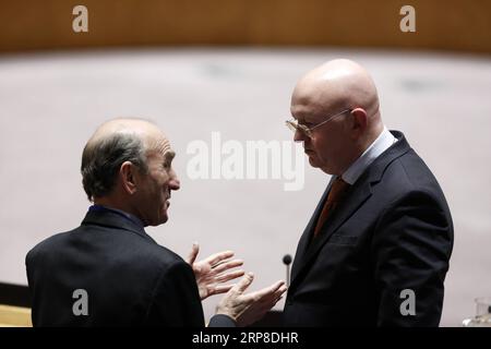 (190228) -- VEREINTEN NATIONEN, 28. Februar 2019 -- Elliott Abrams (L), Sonderbeauftragter der Vereinigten Staaten für Venezuela, Gespräche mit dem Ständigen Vertreter Russlands bei den Vereinten Nationen, Vassily Nebenzia, vor einer Sitzung des Sicherheitsrats zu Venezuela im UN-Hauptquartier in New York, 28. Februar 2019. Der UN-Sicherheitsrat hat am Donnerstag zwei konkurrierende Resolutionsentwürfe zu Venezuela, die von den Vereinigten Staaten bzw. Russland unterstützt wurden, nicht angenommen. ) VN-SICHERHEITSRAT-VENEZUELA-RESOLUTIONEN-SCHEITERN LIXMUZI PUBLICATIONXNOTXINXCHN Stockfoto