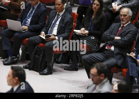 (190228) -- VEREINTEN NATIONEN, 28. Februar 2019 -- syrischer Botschafter bei den Vereinten Nationen, Bashar Jaafari (TOP R), nimmt am 28. Februar 2019 am Hauptsitz der Vereinten Nationen in New York an einer Sitzung des Sicherheitsrats zu Venezuela Teil. Der UN-Sicherheitsrat hat am Donnerstag zwei konkurrierende Resolutionsentwürfe zu Venezuela, die von den Vereinigten Staaten bzw. Russland unterstützt wurden, nicht angenommen. ) VN-SICHERHEITSRAT-VENEZUELA-RESOLUTIONEN-SCHEITERN LIXMUZI PUBLICATIONXNOTXINXCHN Stockfoto