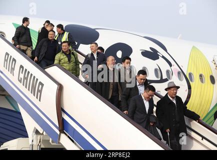 (190302) -- PEKING, 2. März 2019 -- die Abgeordneten des 13. Nationalen Volkskongresses (NPC) aus der südwestchinesischen Provinz Sichuan kommen am 2. März 2019 in Peking, der Hauptstadt Chinas, an. Die zweite Sitzung des 13. NPC wird am 5. März eröffnet. ) (ZWEI SITZUNGEN)CHINA-BEIJING-NPC-DEPUTIES-ARRIVAL (CN) JINXLIWANG PUBLICATIONXNOTXINXCHN Stockfoto