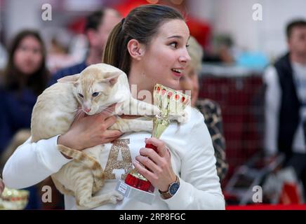 (190303) -- ZAGREB, 3. März 2019 -- Eine Frau hält ihre orientalische Kurzhaarkatze mit Trophäe auf einer internationalen Katzenausstellung in Zagreb, Kroatien, am 3. März 2019. ) KROATIEN-ZAGREB-INTERNATIONALE CAT-AUSSTELLUNG IgorxKralj PUBLICATIONxNOTxINxCHN Stockfoto