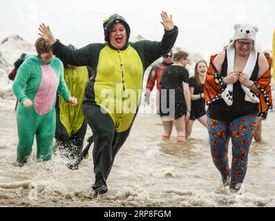 (190303) -- CHICAGO, 3. März 2019 -- Teilnehmer nehmen am 19. Jährlichen Chicago Polar Plunge am North Avenue Beach in Chicago, Illinois, USA, am 3. März 2019 Teil. Chicago veranstaltete am Sonntag den 19. Jährlichen Chicago Polar Plunge, um Spenden für die Special Olympics Chicago Athleten zu sammeln. ) U.S.-CHICAGO-POLAR-PLUNGE-SPECIAL OLYMPICS-SPENDE JOELXLERNER PUBLICATIONXNOTXINXCHN Stockfoto