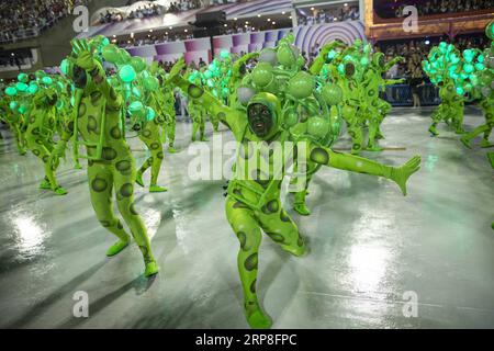 (190304) -- RIO DE JANEIRO, 4. März 2019 -- Gelehrte der Samba-Schule Imperio Serrano besuchen die Paraden des Rio-Karnevals 2019 im Sambadrome in Rio de Janeiro, Brasilien, am 3. März 2019. Die Parade der Samba-Schule begann am Sonntag. ) BRASILIEN-RIO DE JANEIRO-KARNEVAL-PARADE LIXMING PUBLICATIONXNOTXINXCHN Stockfoto