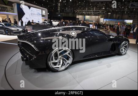 (190305) -- GENF, 5. März 2019 (Xinhua) -- Foto aufgenommen am 5. März 2019 zeigt den Bugatti La voiture Noire auf der 89. Internationalen Automobilausstellung in Genf, Schweiz. Bugatti präsentierte hier Dienstag La Voiture Noire verkaufte für 11 Millionen Euro (12,4 Millionen USD) und war damit der teuerste Neuwagen aller Zeiten. (Xinhua/Xu Jinquan) SCHWEIZ-GENF-INTERNATIONALE MOTORSHOW-BUGATTI-LA VOITURE NOIRE PUBLICATIONxNOTxINxCHN Stockfoto