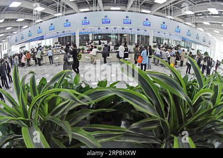 (190307) -- PEKING, 7. März 2019 -- Leute beraten über die Registrierung von Unternehmen im Servicezentrum der chinesischen Zone Shenyang (Liaoning) Pilot Free Trade Zone in Shenyang, nordöstliche chinesische Provinz Liaoning, 9. Mai 2017. ) Chinas jährliche Sitzungen des 13. Nationalen Volkskongresses (NPC) und des 13. Nationalen Komitees der Politischen Konsultativkonferenz des chinesischen Volkes (CPPCC) wurden in Peking eröffnet. In einem kritischen Moment der Entwicklung der Nation ist es besonders wichtig, dass die beiden diesjährigen Sitzungen einen Konsens schaffen und die Weisheit der gesamten Nation bündeln. Beobachter werden es Stockfoto