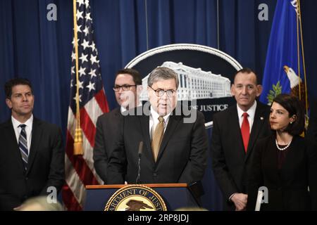 (190308) -- PEKING, 8. März 2019 (Xinhua) -- US-Generalstaatsanwalt William Barr (Front) spricht auf einer Pressekonferenz über Strafverfolgungsmaßnahmen im Zusammenhang mit Ältestenbetrug, in Washington D.C., USA, 7. März 2019. (XINHUA/Liu Jie) XINHUA FOTOS DES TAGES PUBLICATIONxNOTxINxCHN Stockfoto