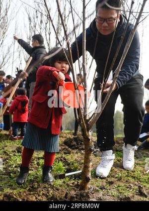 (190310) -- HANGZHOU, 10. März 2019 -- Ein Kind bewässert einen Baum mit Hilfe ihres Vaters im Xixi National Wetland Park in Hangzhou, ostchinesische Provinz Zhejiang, 10. März 2019. Insgesamt 30 Familien pflanzten am Sonntag Bäume im Feuchtgebiet, um den bevorstehenden Arbor Day zu begrüßen. ) CHINA-HANGZHOU-ARBOR TAGESBAUMPFLANZUNG (CN) HUANGXZONGZHI PUBLICATIONXNOTXINXCHN Stockfoto