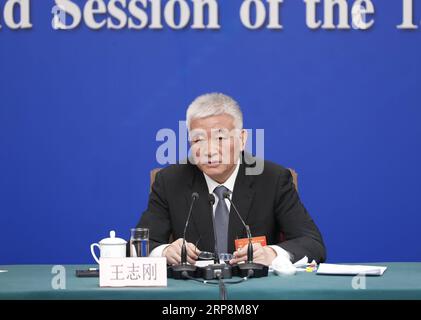 (190311) -- PEKING, 11. März 2019 -- Minister für Wissenschaft und Technologie Wang Zhigang nimmt an einer Pressekonferenz zum Thema "China zu einem Land der Innovatoren machen" für die zweite Sitzung des 13. Nationalen Volkskongresses (NPC) in Peking, Hauptstadt Chinas, am 11. März 2019 Teil. ) (ZWEI SITZUNGEN)CHINA-PEKING-NPC-PRESSEKONFERENZ (CN) SHENXBOHAN PUBLICATIONXNOTXINXCHN Stockfoto