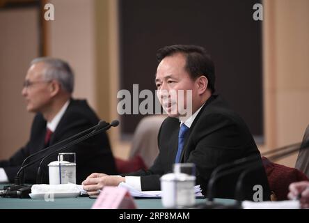 (190311) -- PEKING, 11. März 2019 -- Umwelt- und Umweltminister Li Ganjie nimmt an einer Pressekonferenz über den entschlossenen Kampf zur Vermeidung und Kontrolle von Umweltverschmutzung für die zweite Sitzung des 13. Nationalen Volkskongresses (NPC) in Peking, Hauptstadt Chinas, am 11. März 2019 Teil. ) (ZWEI SITZUNGEN)CHINA-PEKING-NPC-PRESSEKONFERENZ (CN) WANGXPENG PUBLICATIONXNOTXINXCHN Stockfoto