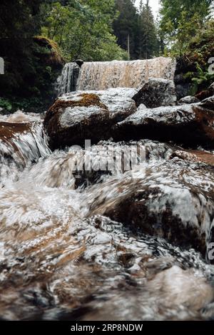 Wasserfall.Wasser kocht und gießt über große Felsbrocken und Steine.Waldfluss.natürlicher Hintergrund mit Wasser und grünen Pflanzen. Stockfoto