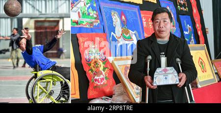 (190315) -- LHASA, 15. März 2019 -- Combo-Foto zeigt Guo Bo, der den Ball bei einem Spiel in Lhasa, der Hauptstadt der autonomen Region Tibet im Südwesten Chinas, am 3. März 2019 (L) und Guo Bo, der am 5. März 2019 sein Design als Stickermeister zeigt. Unter der warmen Sonne im März zieht ein Basketballspiel am Stadtrand von Lhasa ein großes Publikum an, bei dem Spieler dribbeln, schießen, vorbeifahren, stehlen und sich zurücklehnen – in ihren Rollstühlen. Strich! Deyang! Das Publikum wird aufgeregt und spricht laut. Das 21-jährige Mädchen in blauer Kleidung stürzt ihren Rollstuhl durch das Cou Stockfoto