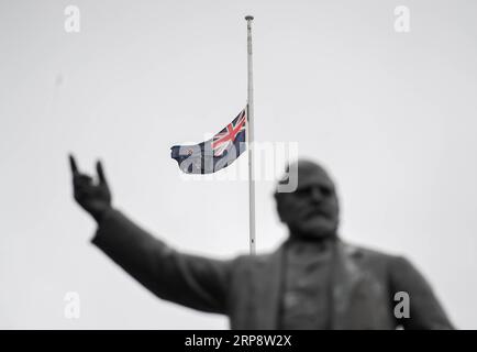 (190316) -- WELLINGTON, 16. März 2019 (Xinhua) -- Eine neuseeländische Nationalflagge fliegt am 16. März 2019 vor den parlamentsgebäuden in Wellington, der Hauptstadt Neuseelands. Bewaffnete eröffneten am Freitag das Feuer in zwei separaten Moscheen in Christchurch, wobei 49 Menschen getötet und 48 weitere verletzt wurden. (Xinhua/Guo Lei) NEW ZEALAND-WELLINGTON-CHRISTCHURCH-ATTACKS-FLAG-HALF-MAST PUBLICATIONxNOTxINxCHN Stockfoto