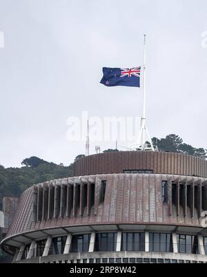 (190316) -- WELLINGTON, 16. März 2019 (Xinhua) -- Eine neuseeländische Nationalflagge fliegt am 16. März 2019 vor den parlamentsgebäuden in Wellington, der Hauptstadt Neuseelands. Bewaffnete eröffneten am Freitag das Feuer in zwei separaten Moscheen in Christchurch, wobei 49 Menschen getötet und 48 weitere verletzt wurden. (Xinhua/Guo Lei) NEW ZEALAND-WELLINGTON-CHRISTCHURCH-ATTACKS-FLAG-HALF-MAST PUBLICATIONxNOTxINxCHN Stockfoto