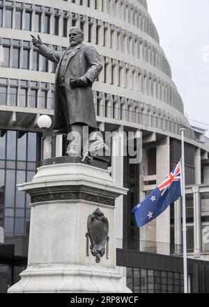 (190316) -- WELLINGTON, 16. März 2019 (Xinhua) -- Eine neuseeländische Nationalflagge fliegt am Halbmast vor dem parlamentsgebäude in Wellington, Hauptstadt von Neuseeland, 16. März 2019. Bewaffnete eröffneten am Freitag das Feuer in zwei separaten Moscheen in Christchurch, wobei 49 Menschen getötet und 48 weitere verletzt wurden. (Xinhua/Guo Lei) NEW ZEALAND-WELLINGTON-CHRISTCHURCH-ATTACKS-FLAG-HALF-MAST PUBLICATIONxNOTxINxCHN Stockfoto