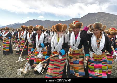 (190317) -- PEKING, 17. März 2019 (Xinhua) -- Menschen nehmen an einer Zeremonie Teil, die den Beginn des Frühjahrspflügen im Bezirk Nedong der Stadt Shannan, der autonomen Region Tibet im Südwesten Chinas, am 16. März 2019 markiert. (Xinhua/Li Xin) XINHUA FOTOS DES TAGES PUBLICATIONxNOTxINxCHN Stockfoto