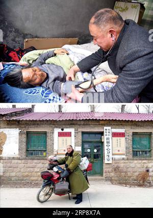 (190317) -- JINAN, 17. März 2019 (Xinhua) -- dieses Kombinationsfoto zeigt den (oberen) ländlichen Arzt Zhao Kuifa (R), der den Blutdruck für eine ältere Frau überprüft und (unteren) sich für ein Foto vor seiner Klinik im Dorf Huangchao der Stadt Jinan in der ostchinesischen Provinz Shandong posiert, 27. Februar 2019. Zhao, der Patienten seit über 40 Jahren als Landarzt behandelt, hofft, die Gesundheit der Dorfbewohner mit seinem medizinischen Können zu schützen. Es ist das gemeinsame arbeitende chinesische Volk, das jetzt hart daran arbeitet, den chinesischen Traum der nationalen Verjüngung zu erfüllen. (Xinhua/Wang Kai) CHINA-SHANDONG-JAGD FÜR DIE CHINESEN Stockfoto