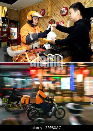 (190317) -- JINAN, 17. März 2019 (Xinhua) -- dieses Kombinationsfoto zeigt den hörgeschädigten Zustellmann Yang Pengpeng, der das bestellte Essen aus einem Restaurant abholt, 14. März 2019 (oben, aufgenommen von Sun Shubao) und Yang, der reitet, um Essen am 8. November 2018 (unten, aufgenommen von Guo Xulei) im Bezirk Kuiwen von Weifang, ostchinesische Provinz Shandong, zu liefern. Trotz seiner Behinderung hofft Yang, eine Wohnung aus eigener Kraft zu kaufen. Es ist das gemeinsame arbeitende chinesische Volk, das jetzt hart daran arbeitet, den chinesischen Traum der nationalen Verjüngung zu erfüllen. (XINHUA) CHINA-SHANDONG-JAGD AUF DIE CHINESEN Stockfoto