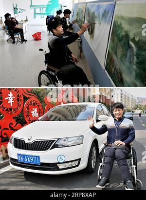 (190317) -- JINAN, 17. März 2019 (Xinhua) -- dieses Kombinationsfoto zeigt (oberer) behinderten Su Wenzhi, der Ölmalerei praktiziert und (unterer) neben seinem Auto in Weihai, ostchinesische Provinz Shandong, am 14. März 2019 posiert. SU hofft, mit seiner Malkunst seinen Lebensunterhalt zu verdienen. Es ist das gemeinsame arbeitende chinesische Volk, das jetzt hart daran arbeitet, den chinesischen Traum der nationalen Verjüngung zu erfüllen. (Xinhua/Yu Qibo) CHINA-SHANDONG-CHASING FOR THE CHINESE DREAM (CN) PUBLICATIONxNOTxINxCHN Stockfoto