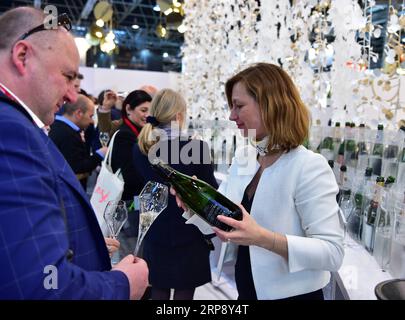 (190318) -- DÜSSELDORF, 18. März 2019 (Xinhua) -- ein Aussteller (R) aus Frankreich stellt den Besuchern der ProWein in Düsseldorf am 17. März 2019 Weine vor. Die Internationale Fachmesse für Weine und Spirituosen, ProWein, hat hier am Sonntag in Düsseldorf ihren Auftakt gegeben. Rund 6.900 Aussteller aus aller Welt nahmen an der dreitägigen Veranstaltung Teil. (Xinhua/Lu Yang) DEUTSCHLAND-DÜSSELDORF-PROWEIN-MESSE PUBLICATIONxNOTxINxCHN Stockfoto