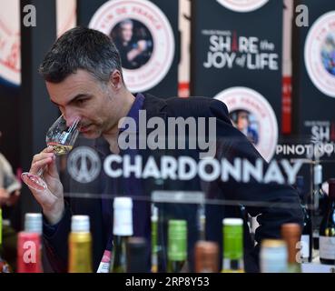 (190318) -- DÜSSELDORF, 18. März 2019 (Xinhua) -- Ein Besucher schnüffelt am 17. März 2019 bei einem Glas Wein auf der ProWein in Düsseldorf. Die Internationale Fachmesse für Weine und Spirituosen, ProWein, hat hier am Sonntag in Düsseldorf ihren Auftakt gegeben. Rund 6.900 Aussteller aus aller Welt nahmen an der dreitägigen Veranstaltung Teil. (Xinhua/Lu Yang) DEUTSCHLAND-DÜSSELDORF-PROWEIN-MESSE PUBLICATIONxNOTxINxCHN Stockfoto