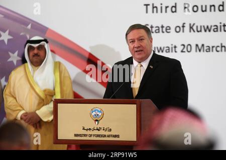 (190320) -- KUWAIT CITY, 20. März 2019 -- US-Außenminister Mike Pompeo (R) nimmt am 20. März 2019 an einer Pressekonferenz in Kuwait City, Hauptstadt Kuwaits, Teil. Die Außenminister Kuwaits und der Vereinigten Staaten versprachen am Mittwoch, die bilateralen Beziehungen zu intensivieren. Joseph Shagra) KUWAIT-KUWAIT STADT-US-AUSSENMINISTER-PRESSEKONFERENZ NiexYunpeng PUBLICATIONxNOTxINxCHN Stockfoto