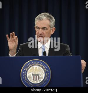 (190320) -- WASHINGTON, 20. März 2019 (Xinhua) -- US-Notenbankchef Jerome Powell spricht während einer Pressekonferenz in Washington D.C., USA, am 20. März 2019. Die US-Notenbank Federal Reserve am Mittwoch ließ die Zinssätze nach Abschluss eines zweitägigen politischen Treffens unverändert, was den Markterwartungen entsprach und den geduldigen Ansatz der Zentralbank in Bezug auf geldpolitische Veränderungen widerspiegelte. (Xinhua/Liu Jie) US-WASHINGTON D.C.-FED-ZINSSÄTZE-UNVERÄNDERTER PUBLICATIONxNOTxINxCHN Stockfoto