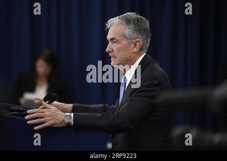 (190320) -- WASHINGTON, 20. März 2019 (Xinhua) -- US-Notenbankchef Jerome Powell spricht während einer Pressekonferenz in Washington D.C., USA, am 20. März 2019. Die US-Notenbank Federal Reserve am Mittwoch ließ die Zinssätze nach Abschluss eines zweitägigen politischen Treffens unverändert, was den Markterwartungen entsprach und den geduldigen Ansatz der Zentralbank in Bezug auf geldpolitische Veränderungen widerspiegelte. (Xinhua/Liu Jie) US-WASHINGTON D.C.-FED-ZINSSÄTZE-UNVERÄNDERTER PUBLICATIONxNOTxINxCHN Stockfoto