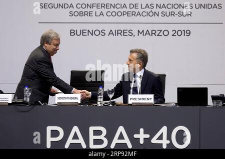 (190321) -- BUENOS AIRES, 21. März 2019 -- der Generalsekretär der Vereinten Nationen Antonio Guterres (L) gibt dem argentinischen Präsidenten Mauricio Macri während der zweiten hochrangigen Konferenz der Vereinten Nationen über Süd-Süd-Zusammenarbeit am 20. März 2019 in Buenos Aires, Argentinien, die Hand. ) ARGENTINIEN-BUENOS AIRES-UN-KONFERENZ MARTINxZABALA PUBLICATIONxNOTxINxCHN Stockfoto