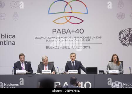 (190321) -- BUENOS AIRES, 21. März 2019 -- Administrator des Entwicklungsprogramms der Vereinten Nationen (UNDP) Achim Steiner, Generalsekretär der Vereinten Nationen Antonio Guterres, argentinischer Präsident Mauricio Macri, und die Präsidentin der Generalversammlung der Vereinten Nationen, Maria Fernanda Espinosa Garces (von L bis R), nimmt am 20. März 2019 an der zweiten hochrangigen Konferenz der Vereinten Nationen über die Süd-Süd-Zusammenarbeit in Buenos Aires (Argentinien) Teil. ARGENTINIEN-BUENOS AIRES-UN-KONFERENZ MARTINxZABALA PUBLICATIONxNOTxINxCHN Stockfoto