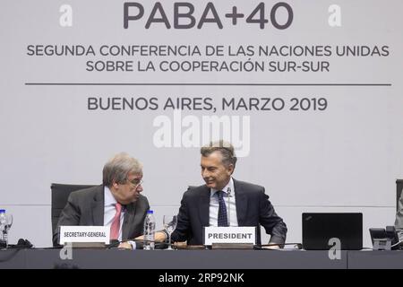 (190321) -- BUENOS AIRES, 21. März 2019 -- Generalsekretär der Vereinten Nationen Antonio Guterres (L) spricht am 20. März 2019 mit dem argentinischen Präsidenten Mauricio Macri während der zweiten hochrangigen Konferenz der Vereinten Nationen über Süd-Süd-Zusammenarbeit in Buenos Aires, Argentinien. ) ARGENTINIEN-BUENOS AIRES-UN-KONFERENZ MARTINxZABALA PUBLICATIONxNOTxINxCHN Stockfoto