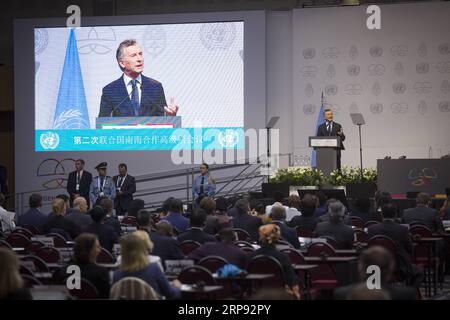 (190321) -- BUENOS AIRES, 21. März 2019 -- der argentinische Präsident Mauricio Macri hält eine Rede während der zweiten hochrangigen Konferenz der Vereinten Nationen über die Süd-Süd-Zusammenarbeit in Buenos Aires, Argentinien, am 20. März 2019. ) ARGENTINIEN-BUENOS AIRES-UN-KONFERENZ MARTINxZABALA PUBLICATIONxNOTxINxCHN Stockfoto