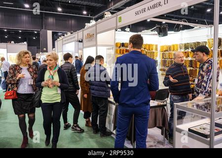 (190324) -- WARSCHAU, 24. März 2019 (Xinhua) -- Kunden besuchen die 26. Internationale Messe für Bernstein, Schmuck und Edelsteine in Danzig, Nordpolen, 23. März 2019. Die Veranstaltung, die vom 20. Bis 23. März stattfand, zog mehr als 470 Händler aus 54 Ländern und Regionen an. (Xinhua/Chen Xu) POLAND-GDANSK-INT L AMBER FAIR PUBLICATIONxNOTxINxCHN Stockfoto