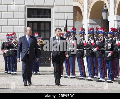 (190324) -- MONACO, 24. März 2019 -- der chinesische Präsident Xi Jinping nimmt an einer großen Begrüßungszeremonie Teil, die von Fürst Albert II., Staatsoberhaupt des Fürstentums Monaco, vor ihren Gesprächen in Monaco am 24. März 2019 abgehalten wird. ) MONACO-XI JINPING-PRINCE ALBERT II-TALKS WANGXYE PUBLICATIONXNOTXINXCHN Stockfoto