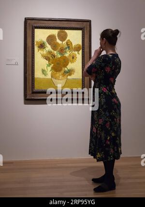 (190325) -- LONDON, 25. März 2019 (Xinhua) -- Ein Mitarbeiter betrachtet das Gemälde Sunflowers des Künstlers Vincent van Gogh während der Vorschau für die Van Gogh and Britain Ausstellung in der Tate Britain in London, Großbritannien am 25. März 2019. Die Ausstellung ist vom 27. März bis 11. August geöffnet. (Xinhua/Han Yan) BRITAIN-LONDON-TATE BRITAIN-VAN GOGH UND BRITAIN PUBLICATIONxNOTxINxCHN Stockfoto