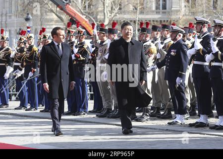 (190325) -- PARIS, 25. März 2019 -- der chinesische Präsident Xi Jinping nimmt an einer Begrüßungszeremonie Teil, die vom französischen Präsidenten Emmanuel Macron vor ihren Gesprächen in Paris, Frankreich, am 25. März 2019 veranstaltet wird. XI Jinping hielt am Montag Gespräche mit Emmanuel Macron im Elysee-Palast in Paris. FRANCE-PARIS-CHINA-XI JINPING-MACRON-TALKS YAOXDAWEI PUBLICATIONXNOTXINXCHN Stockfoto
