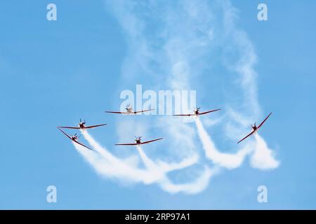 (190327) -- LANGKAWI, 27. März 2019 (Xinhua) -- Jupiter Aerobatic Team of Indonesia tritt während der 15. Langkawi International Maritime and Aerospace Exhibition (LIMA) in Langkawi, Malaysia, am 27. März 2019 auf. Die 15. Internationale Messe für Seeschifffahrt und Luft- und Raumfahrt in Langkawi (LIMA) startete am Dienstag, und Verteidigungsunternehmen aus der ganzen Welt wetteiferten um einen größeren Anteil an der asiatischen Verteidigungsindustrie. 390 Unternehmen aus der Verteidigungs- und Handelsindustrie aus 31 Ländern und Regionen nehmen an der fünftägigen Veranstaltung Teil. (Xinhua/Zhu Wei) MALAYSIA-LANGKAWI-AEROSPACE-MARITIME-AUSSTELLUNG Stockfoto